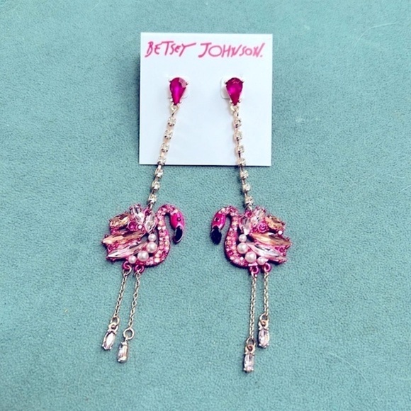 Betsey Johnson Pink Flamingo Rhinestone Dangle Earrings NEW - Picture 7 of 7